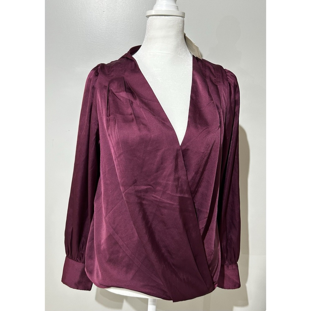 Banana Republic Petite M Satin Surplice Wrap Blouse Plum Purple V-Neck Read*